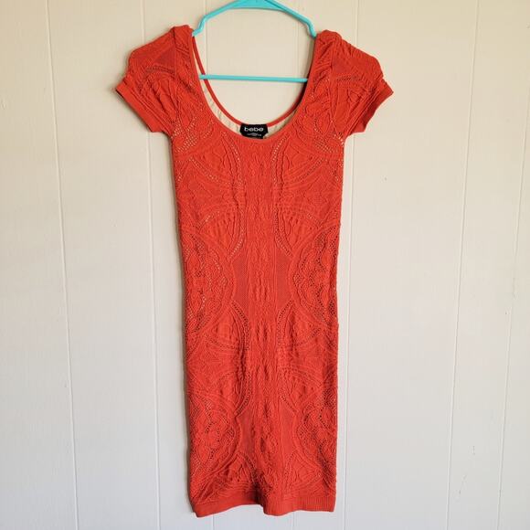 Bebe Short Sleeve Crochet Pattern Bodycon Mini Dress - Picture 1 of 3